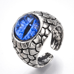 Blue Alloy Glass Cuff Finger Rings, Wide Band Rings, Dragon Eye, Antique Silver, Blue, Size 9, 19mm