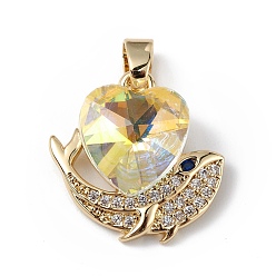 Light Goldenrod Yellow Real 18K Gold Plated Rack Plating Brass Micro Pave Cubic Zirconia Pendants, with Glass, Long-Lasting Plated, Cadmium Free & Lead Free, Heart & Whale, Light Goldenrod Yellow, 19x19x8mm, Hole: 5x3mm