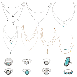 (52) Непрозрачная лаванда 15шт. 15 овальные, каплевидные и перьевые подвески из синтетической бирюзы, многослойные ожерелья и кольца, набор ретро ювелирных изделий из сплава для женщин, разноцветные, 322~483 мм, внутренний диаметр: 16~18 мм
