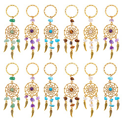 Смешанные камни 12шт. плетеная сетка/паутина с перьями, подвеска из натуральных и синтетических драгоценных камней, с фурнитурой сплавочной тибетского стиля, 10.5 см