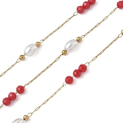 Красный 304 кабельные цепи из нержавеющей стали, со стеклом и АБС-пластиком, имитация жемчуга, ионное покрытие (ip), реальный 18 k позолоченный, пайки, с катушкой, круглый с овалом, красные, 9.5x3.5 мм, около 32.81 футов (10 м) / рулон