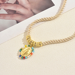 Разноцветный Богемный стиль: ожерелья из плетеной веревки с латунным овалом и подвесками из натуральной кожи для повседневной носки во время отпуска, золотые, красочный, 19.69 дюйм (50 см)