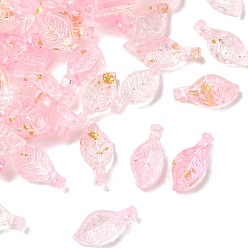 Pink Transparent Acrylic and Gold Foil Pendants, Leaf Charms, Pink, 10x5x3.5mm, Hole: 1.4mm