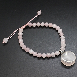 Розовый Кварц Плетеные браслеты из натурального розового кварца, Плоские круглые браслеты с подвесками в виде флакона для духов с эфирным маслом, внутренний диаметр: 2-3/8 дюйм (6 см)