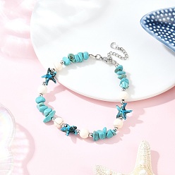 Синтетическая Бирюза Браслеты на лодыжку с синтетическими морскими звездами цвета крашеной бирюзы и бусинами, с цепочками на концах из нержавеющей стали, цвет нержавеющей стали, 304 дюйм (9 мм)