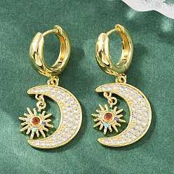 Plaqué 18K Or Véritable Boucles d'oreilles créoles pendantes en laiton serties de micro-pavés de zirconiums cubiques, lune avec soleil, sans plomb et sans cadmium, crémaillère plaquage, plaqué longue durée, réel 18 k plaqué or, 37x15mm