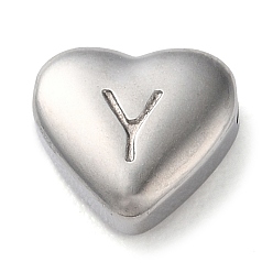 Letter Y 201 Stainless Steel Beads, Stainless Steel Color, Heart, Letter Y, 7x8x3.5mm, Hole: 1.5mm
