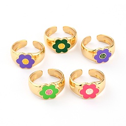 Gemischte Farbe Manschettenringe aus Messingemail, offene Ringe, Blume, echt 18 k vergoldet, Gemischte Farbe, uns Größe 6, Innendurchmesser: 17 mm