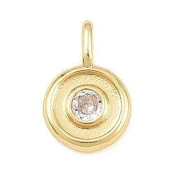 Real 18K Gold Plated Brass Pave Clear Cubic Zirconia Charms, Flat Round Charms, Rack Plating, Long-Lasting Plated, Lead Free & Cadmium Free, Real 18K Gold Plated, 12x8x4mm, Hole: 3x2mm