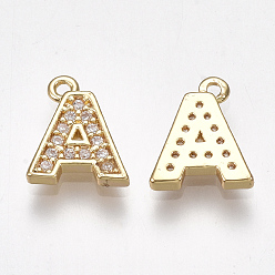 Letter A Brass Cubic Zirconia Charms, Letter, Clear, Real 18K Gold Plated, Letter.A, 10x8x1.5mm, Hole: 1mm