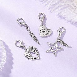 Античное Серебро Украшения из тибетского сплава, Сплав с застежками когтя омара, крыло и сердце и звезда и перо, античное серебро, 34~46 мм