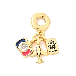 Airplane Латунные подвески из прозрачного кубического циркония в европейском стиле, без кадмия и без свинца, подвески в виде самолета с большим отверстием и цветной эмалью, реальный 18 k позолоченный, самолет, 27 мм, отверстие : 4.5 мм