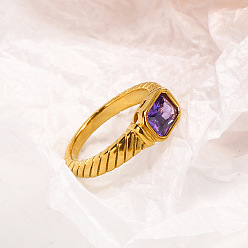 Фиолетовый 304 женские перстни из нержавеющей стали с кубическим цирконием, прямоугольные, реальный 18 k позолоченный, граненые, фиолетовые, размер США 8 (18.1 мм)