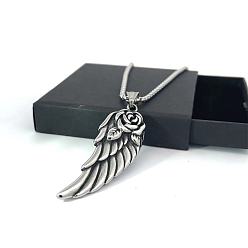 Нержавеющая Сталь Цвет Подвеска в виде крыла ангела из нержавеющей стали в виде цветка розы и пера в стиле панк, цвет нержавеющей стали