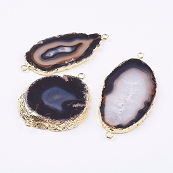 Coconut Brown Natural Agate Links connectors, with Silver Tone Brass Findings, Nuggets, Coconut Brown, 54~76x29~50x3~6mm, Hole: 3mm