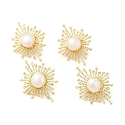 Golden Natural Pearl Sun Stud Earings, Long-Lasting Plated Brass Earrings, Golden, 39x29.5~30mm