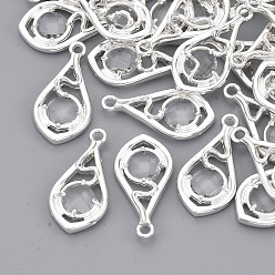 Clear Faceted Glass Pendants, with Eco-Friendly Alloy Open Back Settings, Nickel Free, Teardrop, Silver Color Plated, Clear, 21x11x3.5mm, Hole: 1.6mm