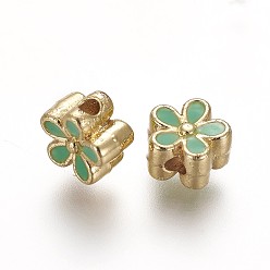 Light Green Brass Enamel Beads, Long-Lasting Plated, Flower, Real 18K Gold Plated, Light Green, 7x3.3mm, Hole: 1.6mm