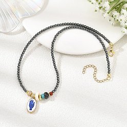 Blue Printed 304 Stainless Steel Oval with Hand Pendant Synthetic Non-magnetic Hematite Round Beaded Necklaces, Golden, Blue, 16.30 inch(41.4cm)