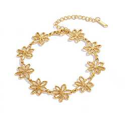 Golden 304 Stainless Steel Hollow Flower Link Chain Bracelets for Women, Golden, 6.69 inch(17cm)