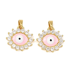 Pink Подвески из латуни с прозрачным фианитом, с эмалью, Злые чары глаз, стойки покрытие, долговечный, без кадмия и без свинца, реальный 18 k позолоченный, розовые, 17x17.5x3.5 мм, отверстие : 4.5x3 мм