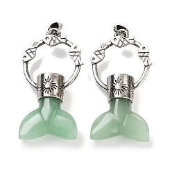 Зеленый Авантюрин Большие подвески из натурального зеленого авантюрина с хвостом кита, покрытие стойки антикварное посеребренное кольцо из сплава с подвесками в форме рыбы, без кадмия и без свинца, 56~57x29x12.5~13 мм, отверстие : 6.5x6 мм