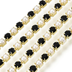 Jet Brass Rhinestone Strass Chains, with ABS Plastic Imitation Pearl, Rhinestone Cup Chain, Grade A, Raw(Unplated), Jet, 2x2mm, 4000pcs rhinestone/bundle, about 32.8 Feet(10m)/bundle