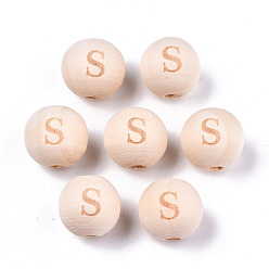 Letter S Unfinished Natural Wood European Beads, Large Hole Beads, Laser Engraved Pattern, Round with Word, Letter.S, 15~16x14~15mm, Hole: 4mm