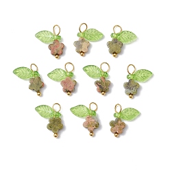 Унакит 10шт. подвески-цветы из натурального унакита, с прозрачным акриловым светло-зеленым листом и петлями из медной проволоки, золотые, 13~13.5x11.5x3.5 мм, отверстие : 2.5x3 мм