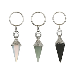 Mixed Stone Cone Pendulum Natural & Synthetic Mixed Gemstone Keychain, with Iron Split Key Rings, 9.3cm