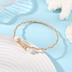 Golden Natural Cultured Freshwater Pearl Rice Wire Wrapped Brass Cuff Bangles for Women, White, Golden, Inner Diameter: 2.32 inch(5.9cm)