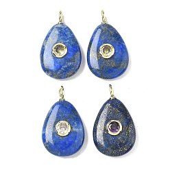 Ляпис-Лазурь Крашеные природные лазурит подвески, подвески в форме слезы с латунной микрофиброй из кубических цирконий, золотые, цвет циркона случаен, 31x18x7 мм, отверстие : 3x2 мм