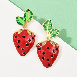 Красный 304 серьги-гвоздики из нержавеющей стали с эмалью в виде клубники, реальный 18 k позолоченный, красные, 42x19.5 мм