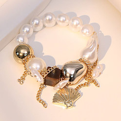 Золотой Браслеты из сплава с подвесками в форме ракушки в стиле бохо, Браслеты из пластикового жемчуга, смолы и пластиковых бусин ccb для женщин, золотые, внутренний диаметр: 2-3/8 дюйм (6 см)