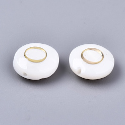 Letter O Natural Freshwater Shell Beads, with Golden Plated Brass Etched Metal Embellishments, Flat Round, Seashell Color, Letter.O, 8x3~5mm, Hole: 0.5~07mm