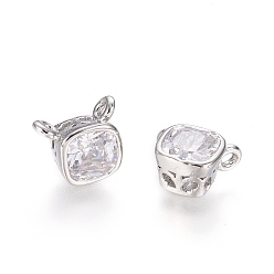 Platinum Brass Cubic Zirconia Charms, Long-Lasting Plated, Square, Clear, Platinum, 5.5x6.5x3mm, Hole: 0.8mm