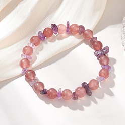 Смешанные камни Эластичные браслеты для женщин из натурального аметиста и натурального клубничного кварца с круглыми бусинами., внутренний диаметр: 2.17 дюйм (5.5 см)