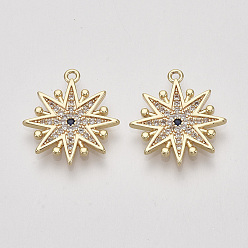 Real 18K Gold Plated Brass Micro Pave Cubic Zirconia Pendants, Snowflake, Clear & Blue, Nickel Free, Real 18K Gold Plated, 18.5x17x1.5mm, Hole: 1.2mm