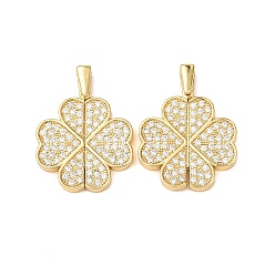 Настоящее золото 18K Латунные микропаве кубические цирконии открывающиеся подвески, клевер, реальный 18 k позолоченный, 31x23x3 мм, отверстие : 1.5x4.5 мм
