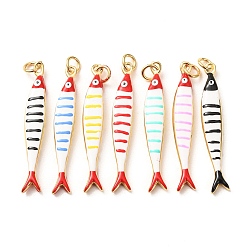 Mixed Color Brass with Enamel Pendants, Fish with Stripe Charms, Rack Plating, Long-Lasting Plated, Lead Free & Cadmium Free, Real 18K Gold Plated, Mixed Color, 44x7x4mm, Hole: 3.5mm