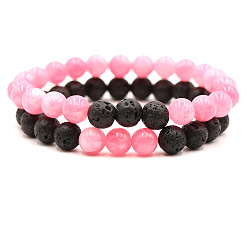 Розовый Кварц 2шт. 2 стили браслетов из натурального розового кварца и лавовой породы с круглыми бусинами, эластичные, для пары, 7.48 дюйм (19 см)