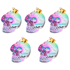 Violet 5Pcs Electroplate K9 Glass Pendants, with Golden Plated Brass Bails, Skull, Halloween, Violet, 25x26~27x19mm, Hole: 5x3mm