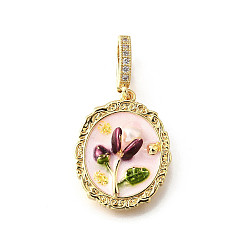 Розовый Латунные подвески с микропаве из кубического циркония и эмали, овал с цветочными подвесками, с блестящей пудрой и натуральным пресноводным жемчугом, без никеля , реальный 18 k позолоченный, туманная роза, 22.5x18x6.5 мм, отверстие : 6.5x4.5 мм