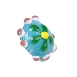 Бирюза Ручной работы ухабистым Шарики Lampwork, RONDELLE с цветочным узором, бирюзовые, 15.5x17.5x13 мм, отверстие : 1.6 мм
