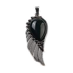 (RRHB277) Кристалл на подкладке из медово-бежевого цвета Естественно индийский агат большие кулоны, подвески на крыльях с фурнитурой из сплава, античное серебро, 56.5~57x22.5~23x7~8 мм, отверстие : 4x8.5 мм