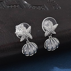 Платина Серьги-гвоздики из латуни в форме ракушки с прозрачным кубическим цирконием, с лунным камнем, серия океана, платина, 20x11 мм