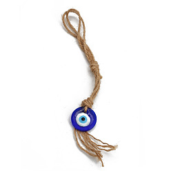 Round Evil Eye Glass Pendant Decorations, Tassel Hemp Rope Hanging Ornament, Royal Blue, Round Pattern, 220mm