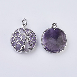 Amethyst Natural Amethyst Pendants, with Brass Findings, Flat Round with Tree of Life, Platinum, 31~32x27x8~9mm, Hole: 5x7mm
