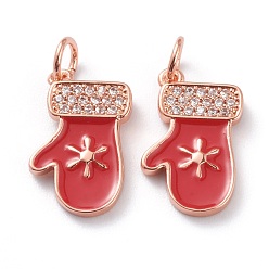 Розовое Золото Подвески из латуни с прозрачным кубическим цирконием в рождественском стиле, с красной эмалью и прыжковыми кольцами, долговечный, перчатка, розовое золото , 17x11x2 мм, отверстие : 3 мм, Перейти кольцо: 5x1 мм
