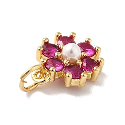 Cerise Rack Plating Brass Micro Pave Cubic Zirconia Charms, with Pearl, Cadmium Free & Lead Free, Real 18K Gold Plated, Flower, Cerise, 12.5x10.5x4mm, Hole: 3.6mm